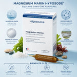 Magnésium Marin Hyposodé AlgoSource 15 ampoules avec infographie bénéfices santé