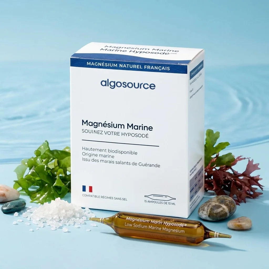 Magnésium Marin Hyposodé AlgoSource 15 ampoules pauvre en sodium sur fond bleu océan