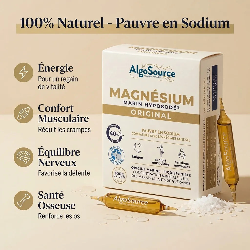 Magnésium marin hyposodé AlgoSource 20 ampoules avec bénéfices énergie, confort musculaire et santé osseuse