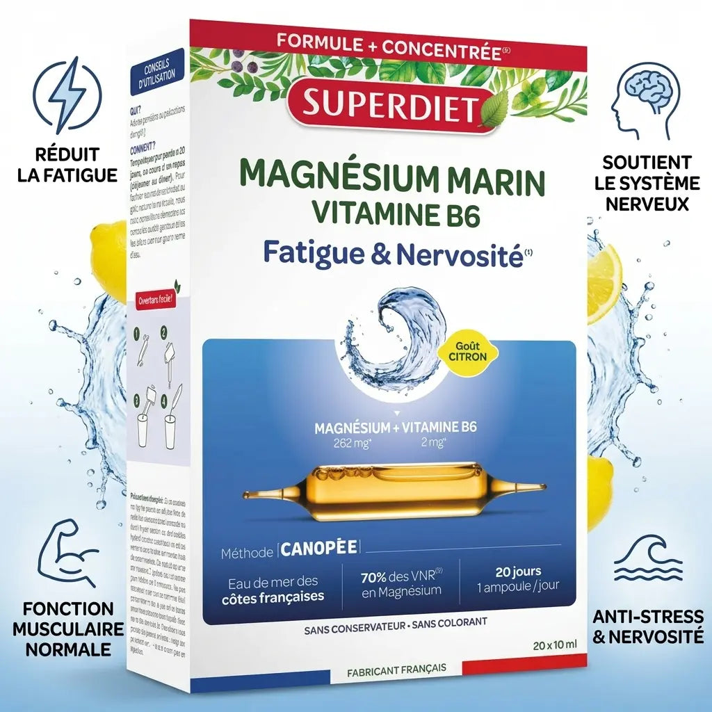 Superdiet Magnésium Marin Vitamine B6 20 ampoules avec bénéfices anti-fatigue et anti-stress