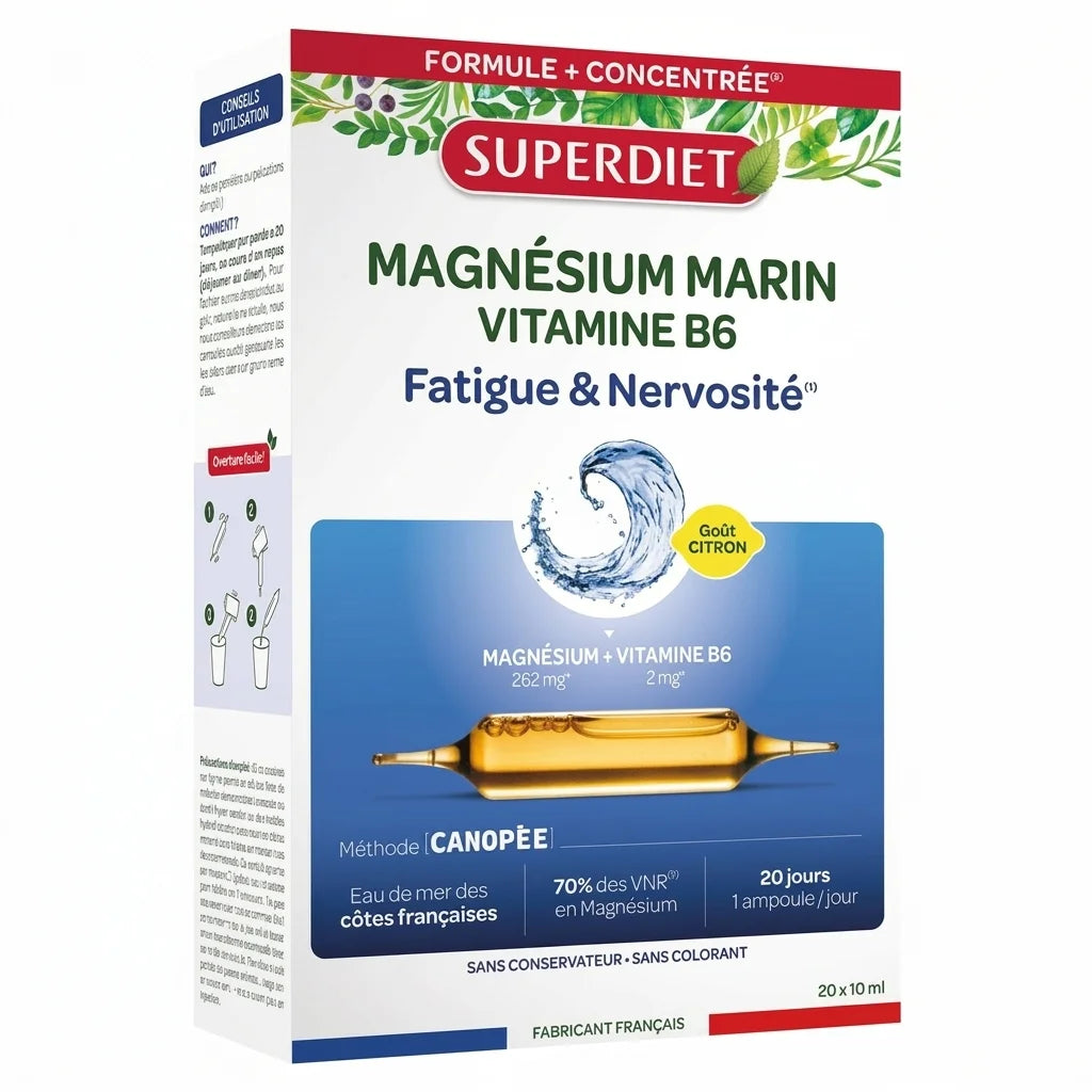 Superdiet Magnésium marin vitamine B6 boîte 20 ampoules sur fond blanc