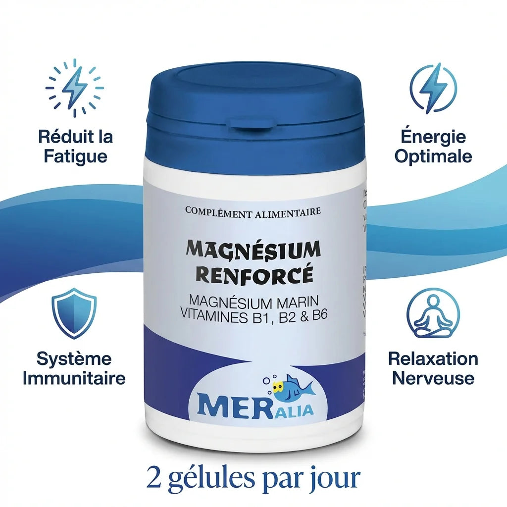 Magnésium Renforcé MERalia 60 gélules avec bénéfices : fatigue, énergie, immunité, relaxation