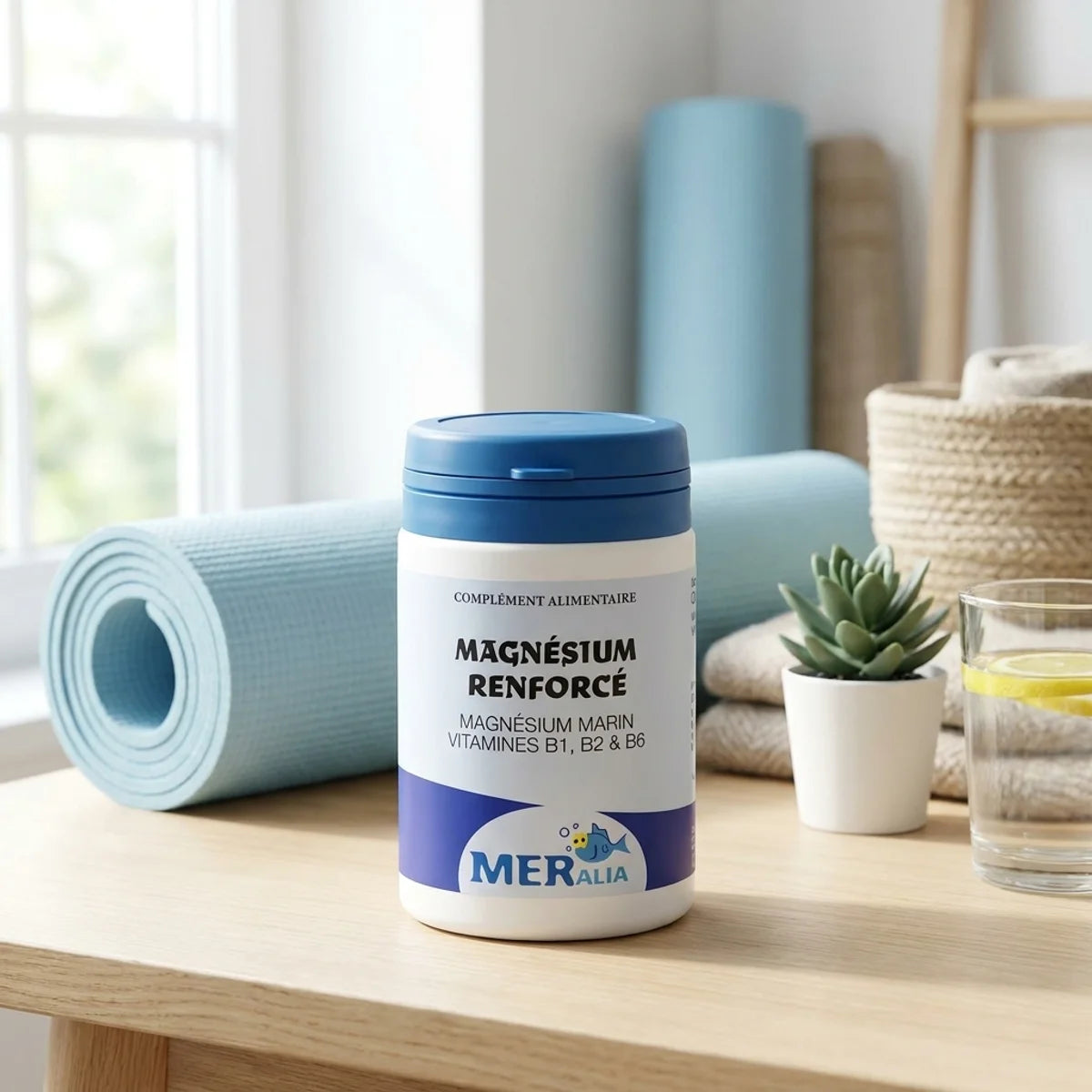 Bouteille Magnésium Renforcé MERalia 60 gélules sur fond wellness avec accessoires de relaxation