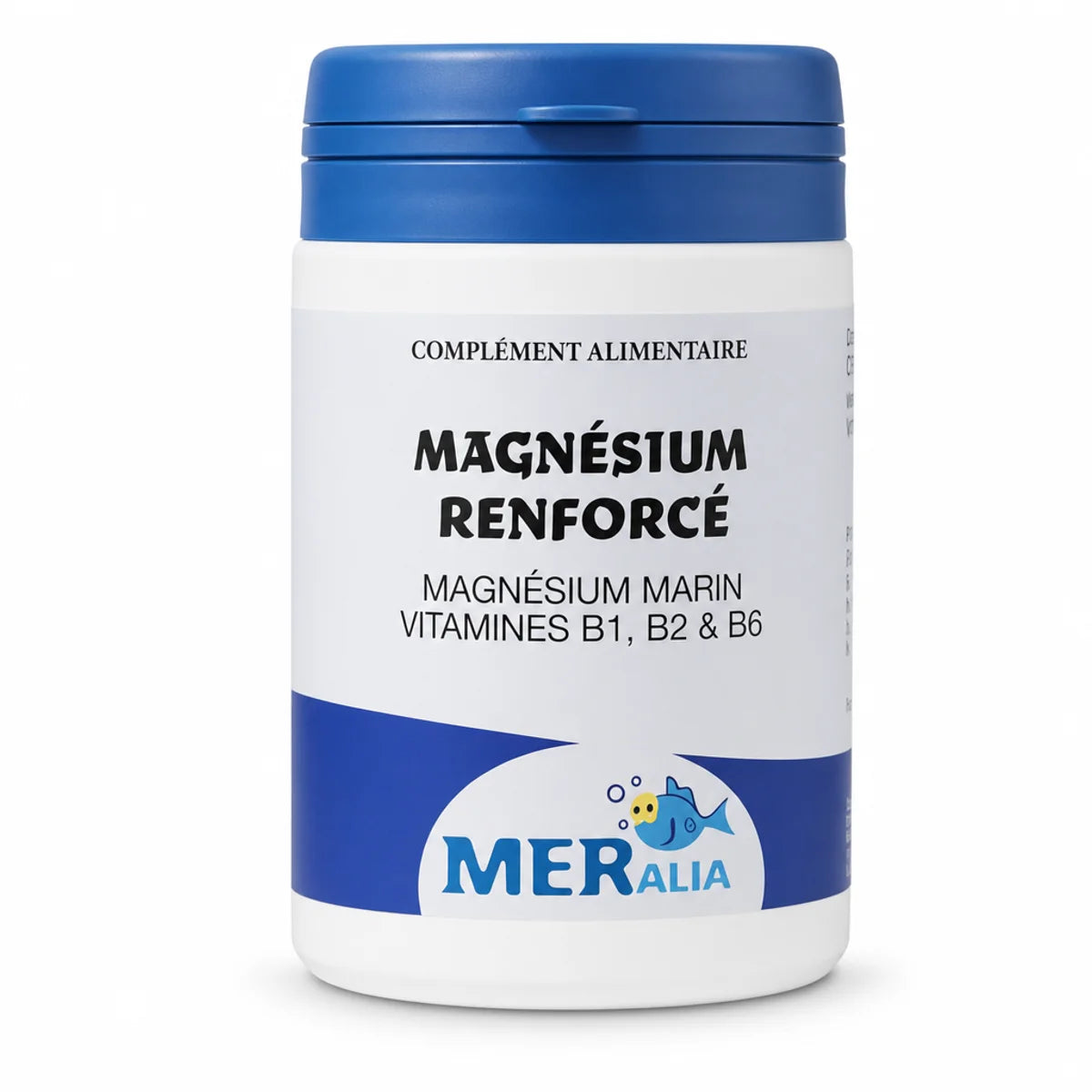 Bouteille MERalia Magnésium Renforcé 60 gélules, complément alimentaire en pot blanc avec capuchon bleu