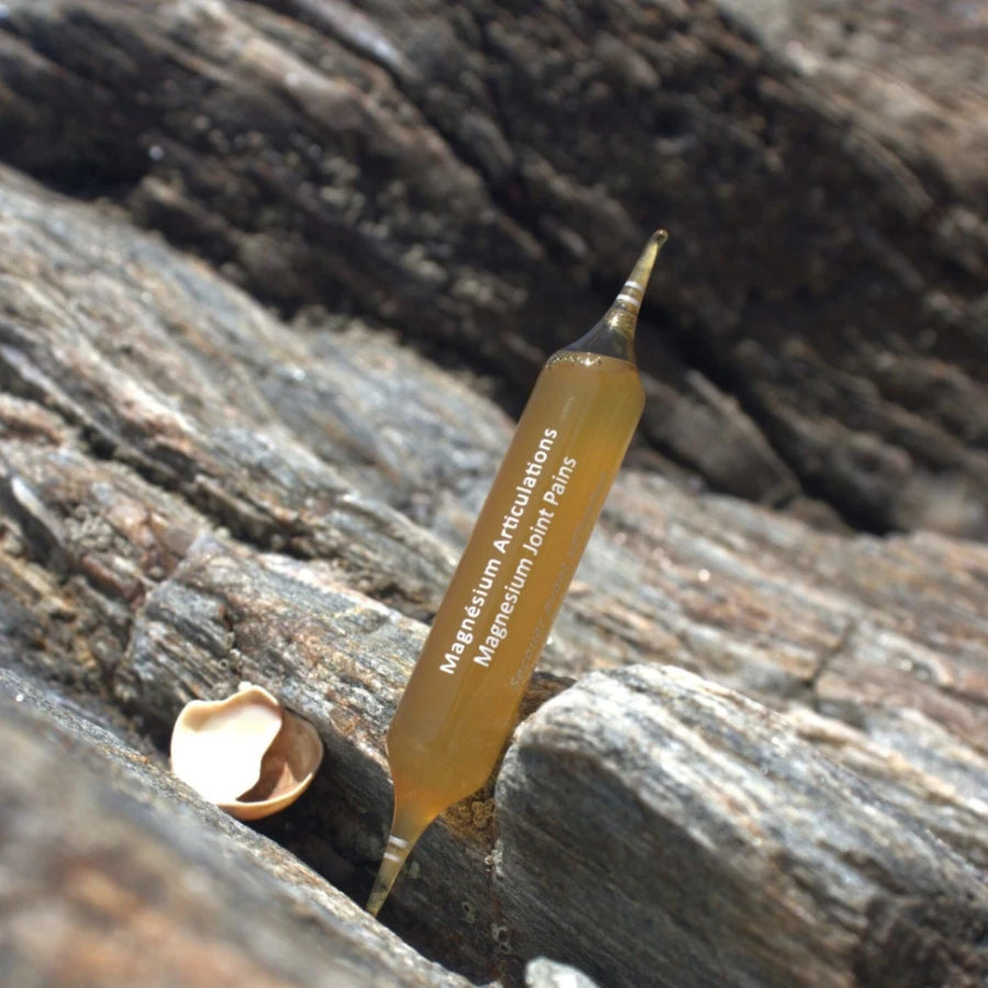 Photo d'une ampoule de Magnésium Articulations de la marque Algosource sur des rochers 