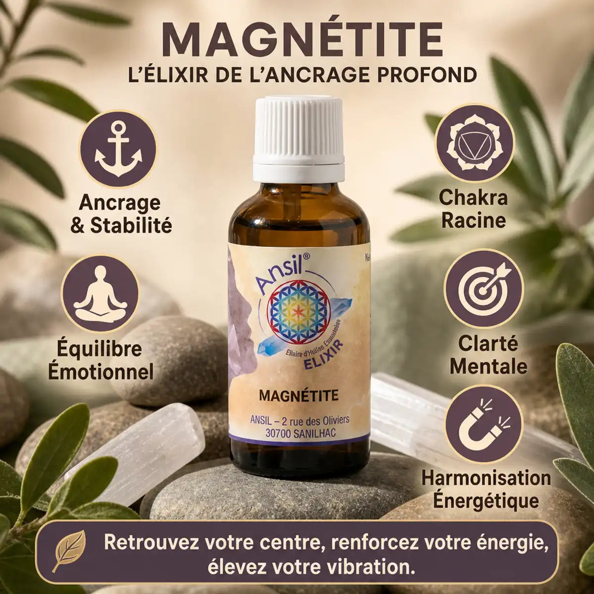 Élixir de cristal Magnétite Ansil avec bénéfices : ancrage, équilibre émotionnel, chakra racine, clarté mentale