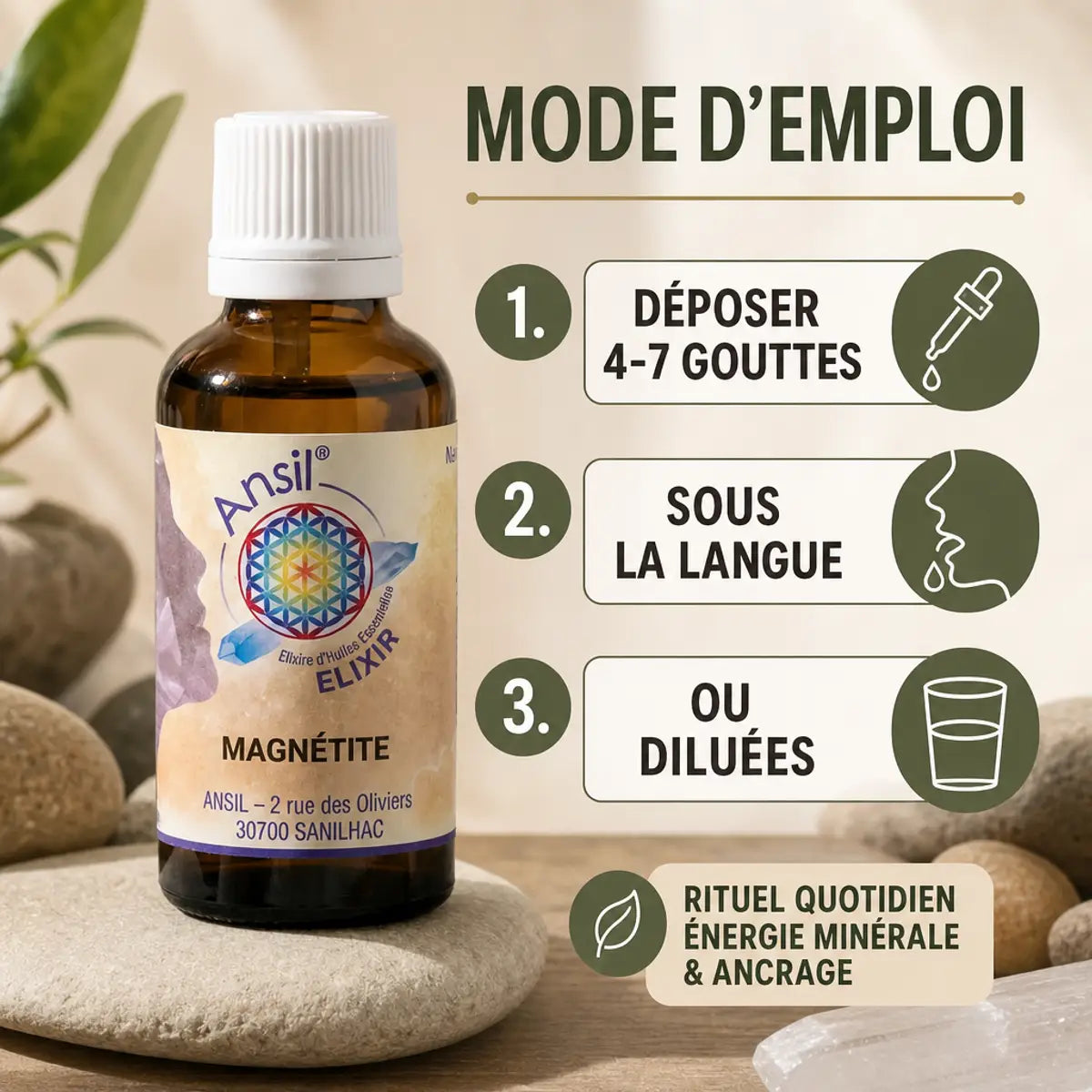 Bouteille Magnétite Elixir de cristal Ansil avec mode d'emploi en setting spa wellness