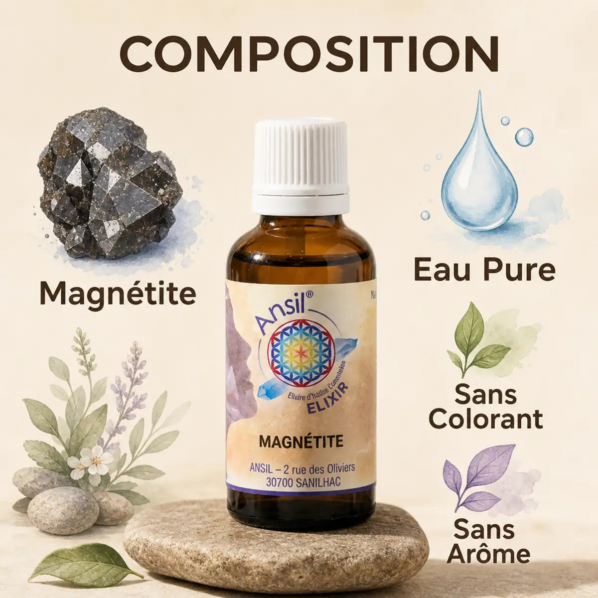 Bouteille d'élixir de cristal Magnétite avec composition naturelle et ingrédients purs affichés