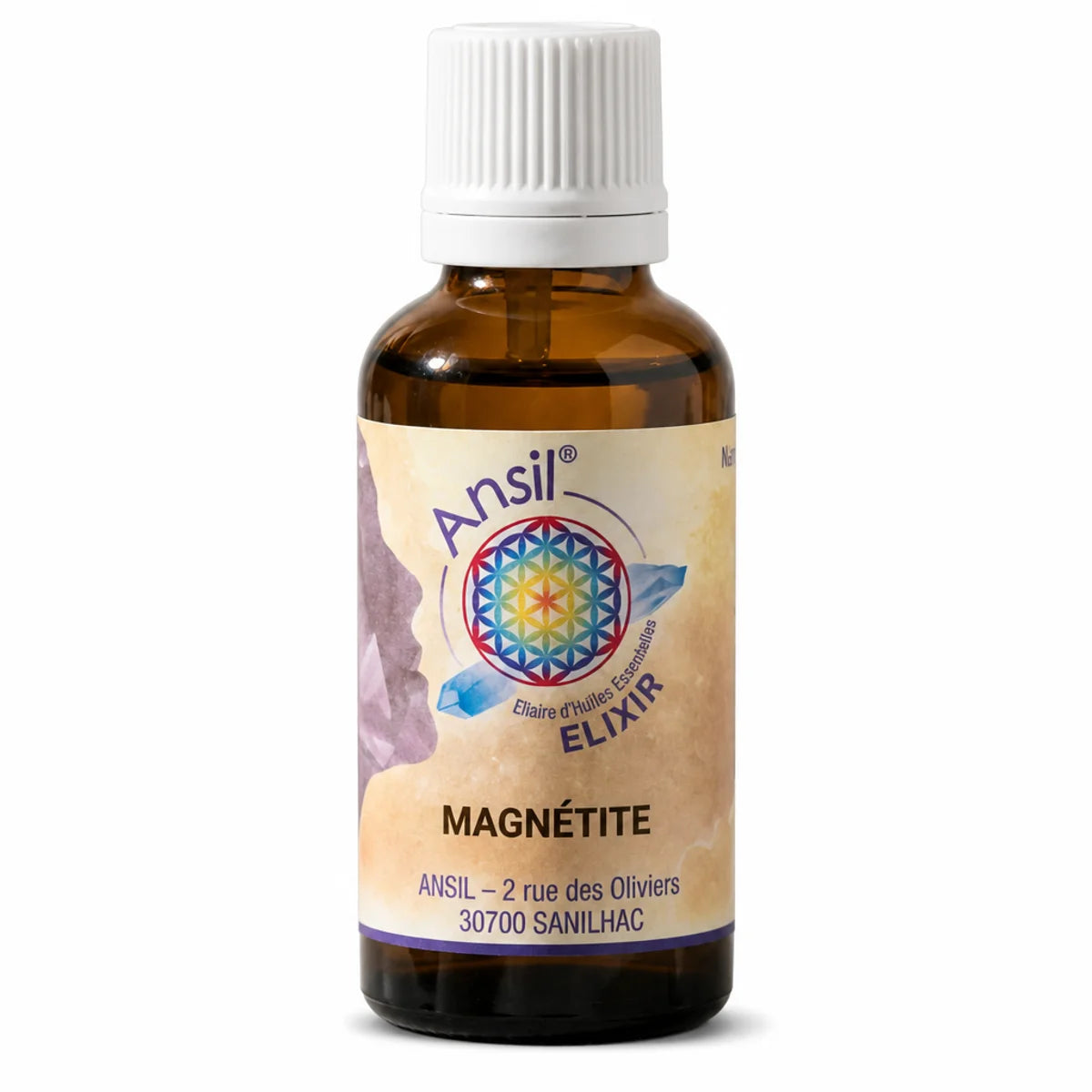 Flacon élixir de cristal Magnétite Ansil avec étiquette mandala, dropper ambre
