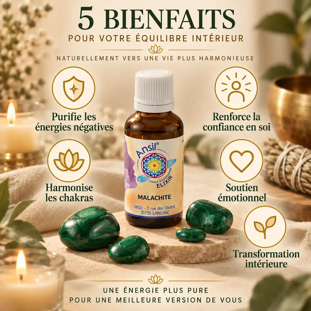 Ansil Malachite Elixir 30ml avec cristaux, bougies et infographie des 5 bienfaits wellness