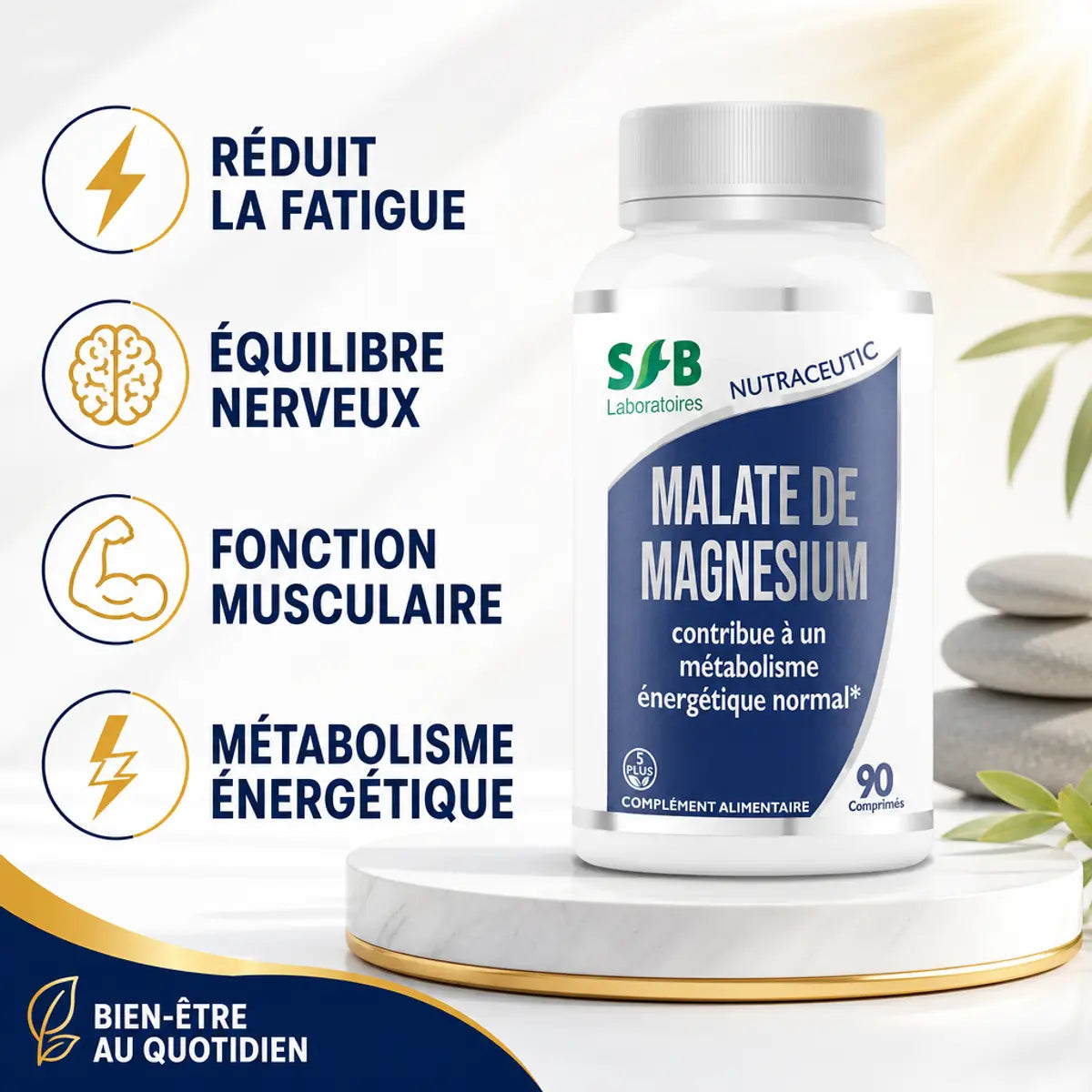 Malate de magnésium SFB Laboratoires 90 comprimés avec bénéfices : fatigue, nerfs, muscles, énergie