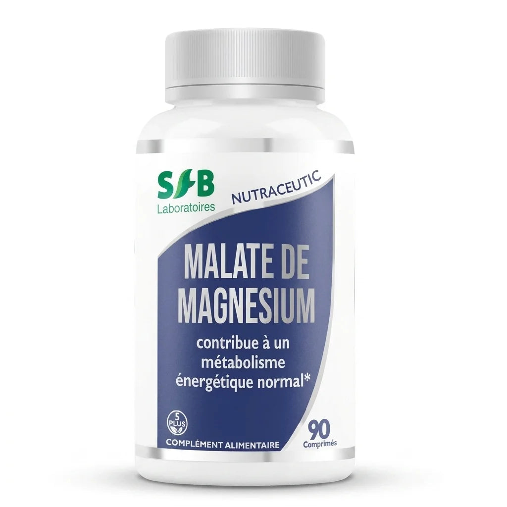 Malate de magnésium 90 comprimés SFB Laboratoires - flacon blanc avec étiquette bleu foncé