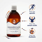 Catalyons Manganèse-Cuivre 500ml avec infographie cibles: sportifs, seniors, étudiants
