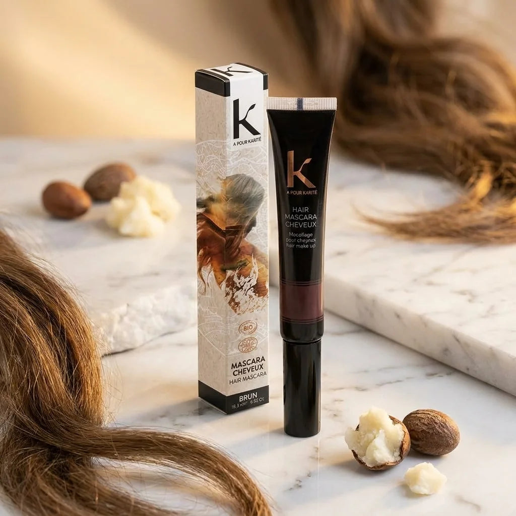 Mascara bio K pour Karité teinte brune sur marbre blanc avec cheveux et beurre de karité