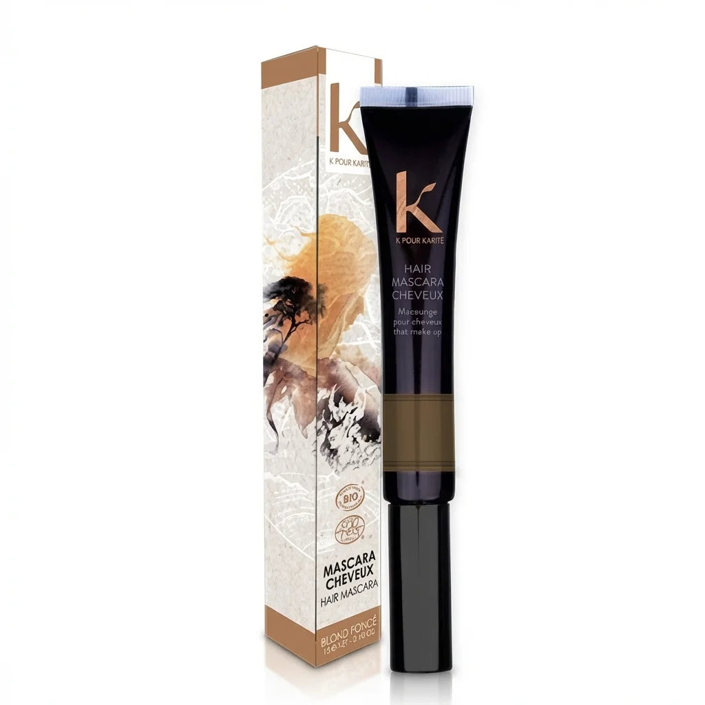 Mascara bio blond foncé K pour Karité tube noir avec boîte packaging botaniques fond blanc