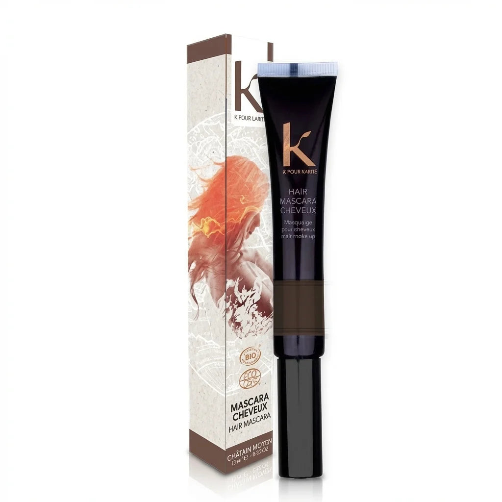 Mascara bio K pour Karité tube noir avec boîte blanche, couleur chatain moyen