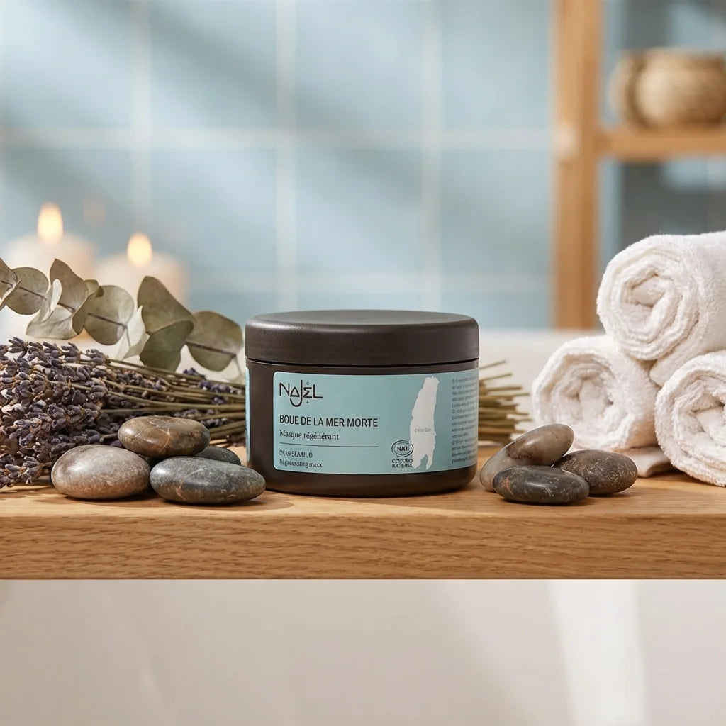 Masque boue Mer Morte Najel 300g sur étagère spa avec pierres et serviettes blanches