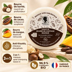 Pot blanc du masque capillaire 3 en 1 Noire Ô Naturel, entouré d'icônes beurre de karité, cacao et mangue, badge 96,9 % BIO