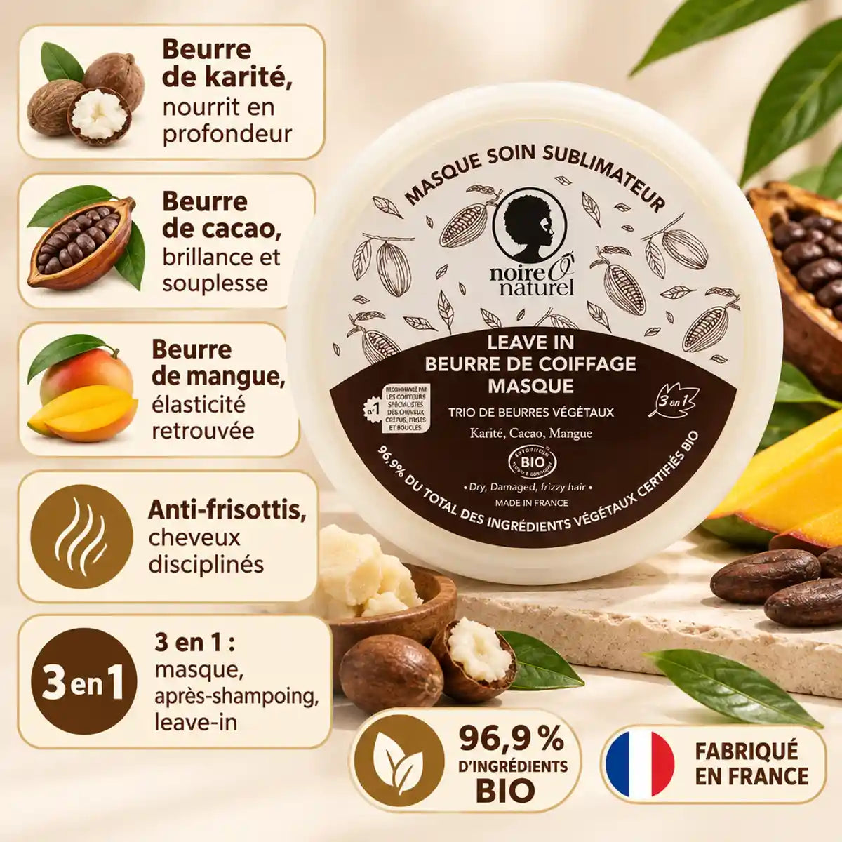Pot blanc du masque capillaire 3 en 1 Noire Ô Naturel, entouré d'icônes beurre de karité, cacao et mangue, badge 96,9 % BIO