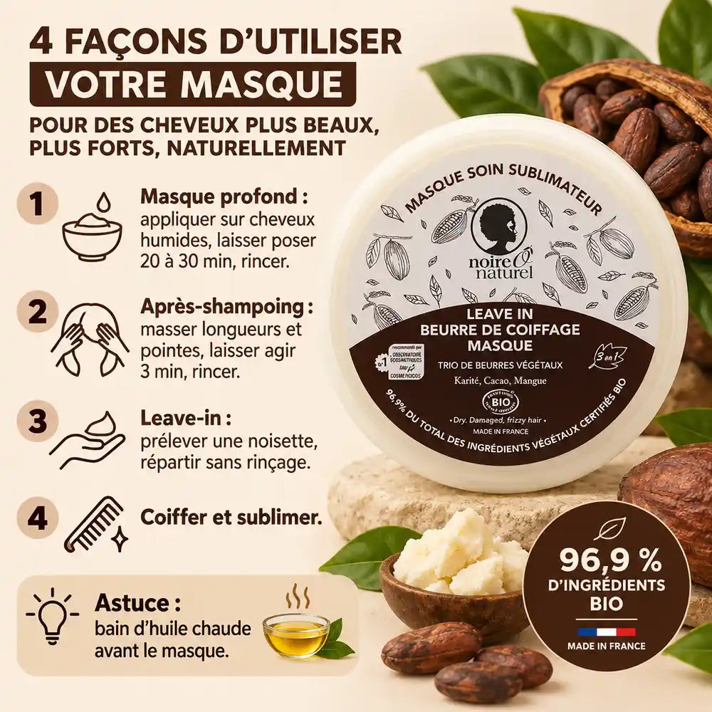 Pot du Masque Capillaire Sublimateur 3 en 1 Noire Ô Naturel avec guide d'utilisation en 4 étapes et ingrédients bio