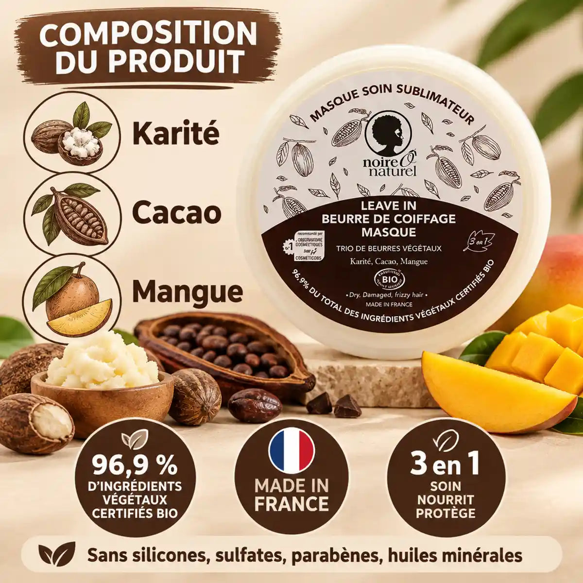 Pot Noire Ô Naturel masque capillaire sublimateur 3 en 1 avec ingrédients karité, cacao et mangue sur fond crème