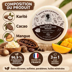 Pot Noire Ô Naturel masque capillaire sublimateur 3 en 1 avec ingrédients karité, cacao et mangue sur fond crème