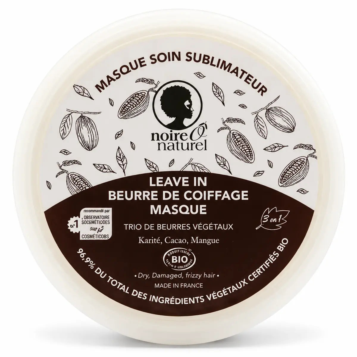 Pot rond blanc du masque capillaire sublimateur 3 en 1 Noire Ô Naturel au beurre de karité, cacao et mangue, label BIO
