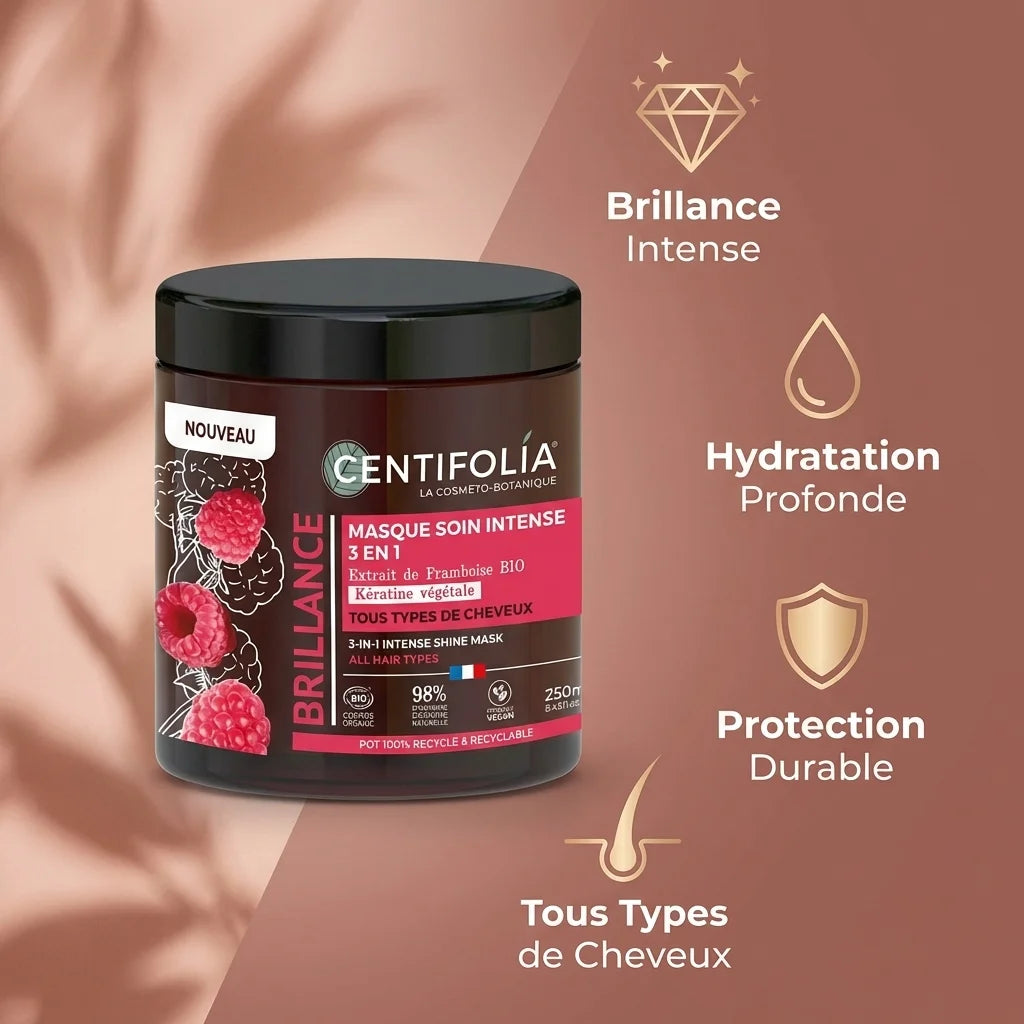 Masque cheveux Centifolia brillance intense 3 en 1 avec bénéfices hydratation protection