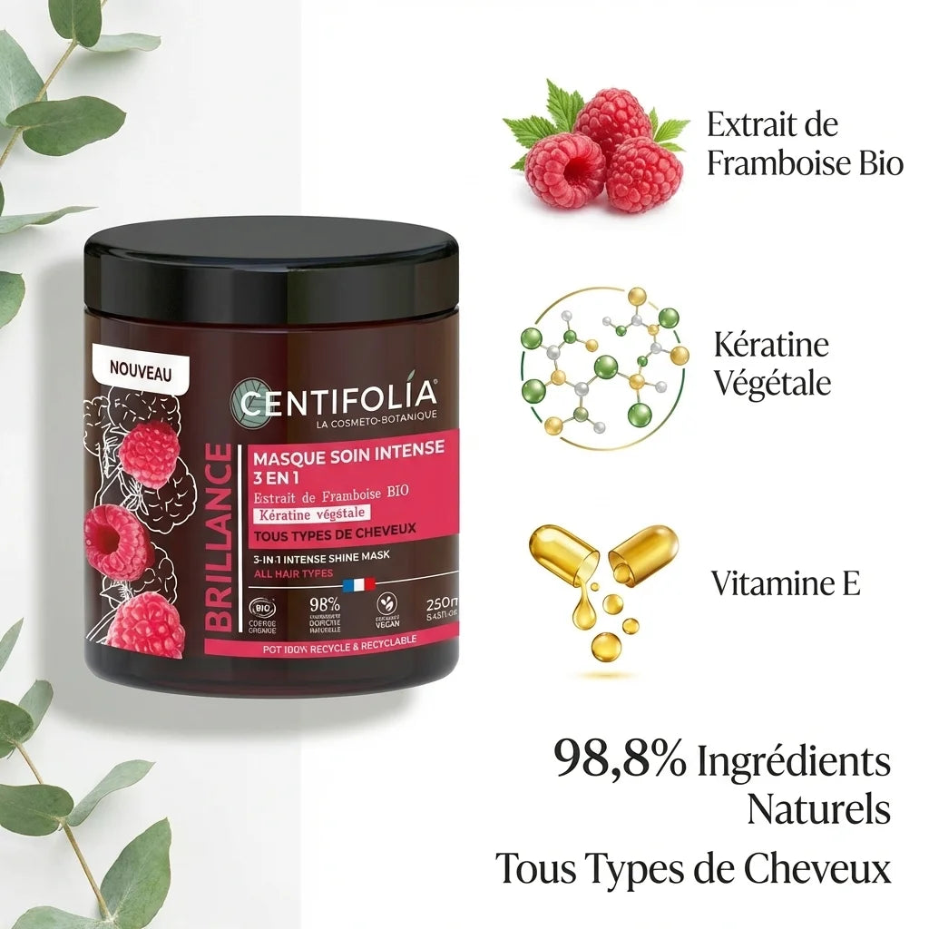 Masque Centifolia cheveux brillance intense 3 en 1 avec framboise bio, kératine végétale et vitamine E