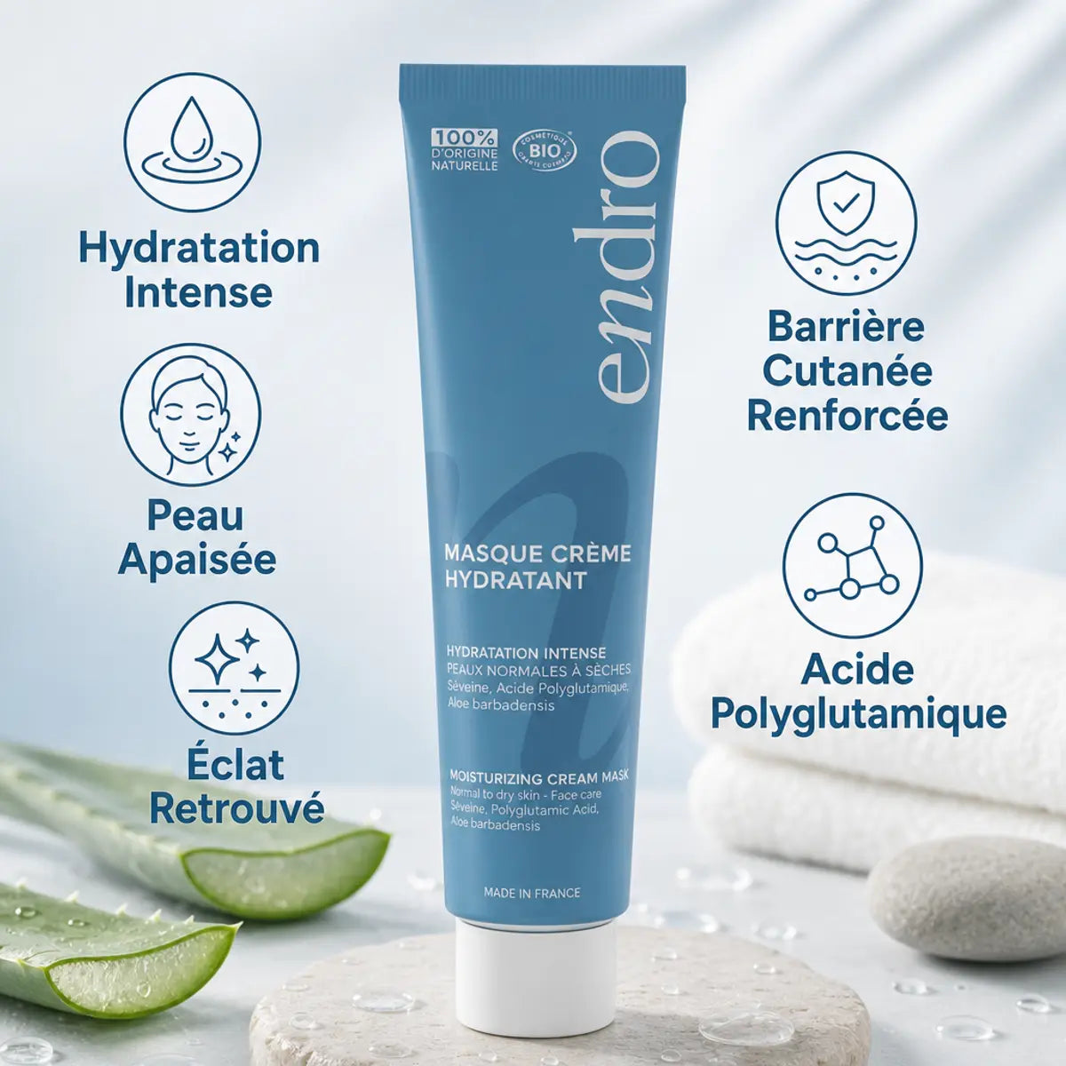 Masque crème hydratant Endro 75ml avec bénéfices : hydratation intense, peau apaisée, barrière cutanée renforcée