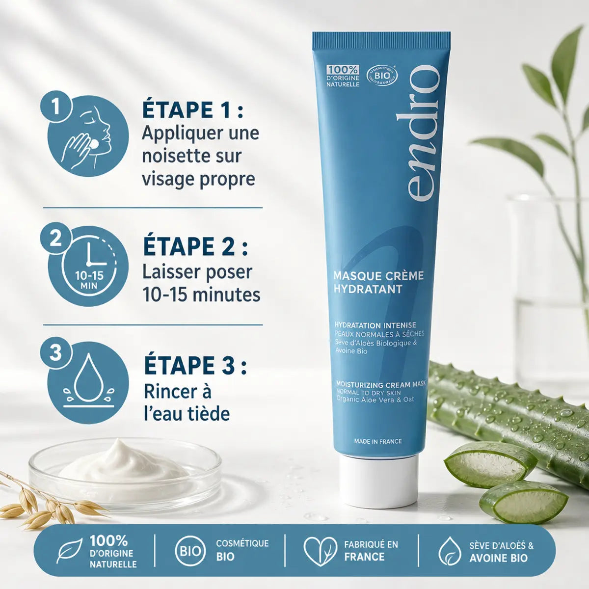 Masque crème hydratant Endro 75ml pour peaux sensibles avec étapes d'application