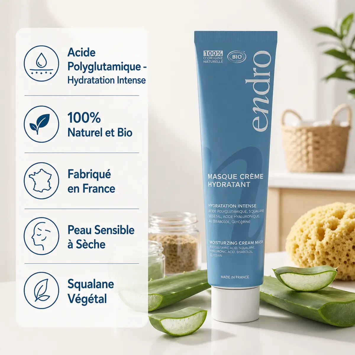 Masque crème hydratant Endro 75ml pour peaux sensibles, ingrédients naturels bio, squalane végétal