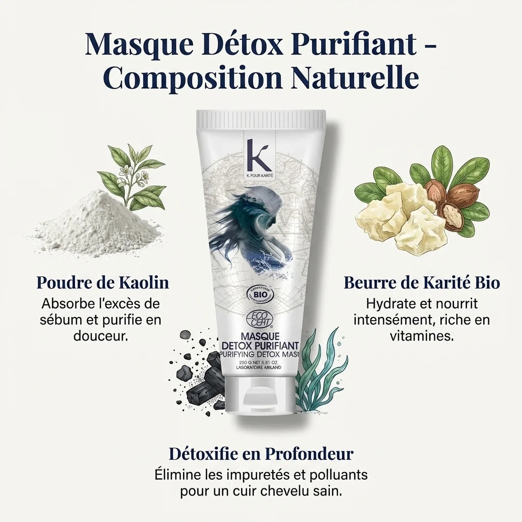Masque Détox Bio K pour Karité 250g avec ingrédients naturels kaolin et beurre de karité