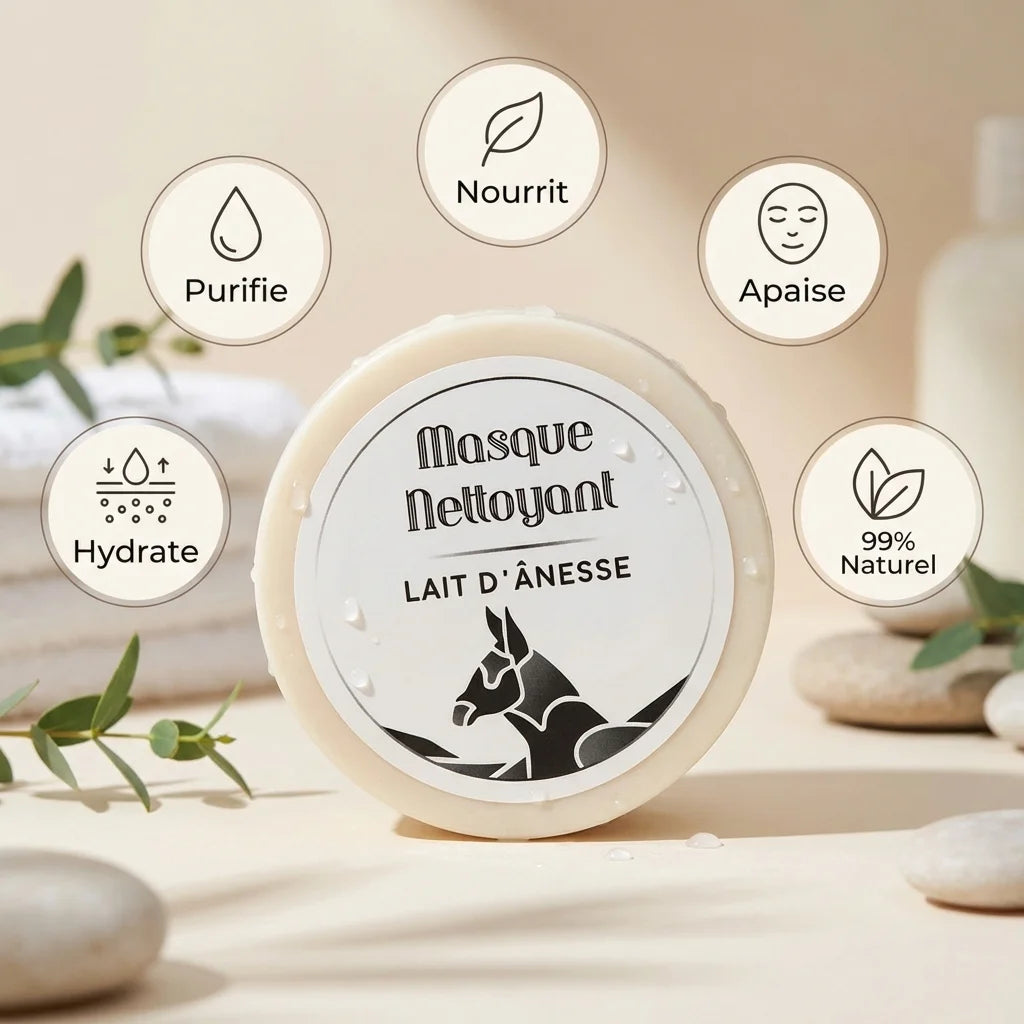 Masque nettoyant visage lait d'ânesse en pot, ingrédients naturels, purifie et hydrate la peau