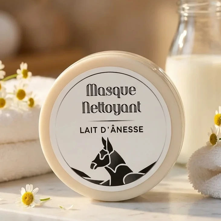 Masque nettoyant visage au lait d'ânesse en pot avec fleurs de camomille et lait frais