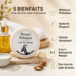 Masque nettoyant lait de chèvre et huile d'argan - infographie des 5 bénéfices