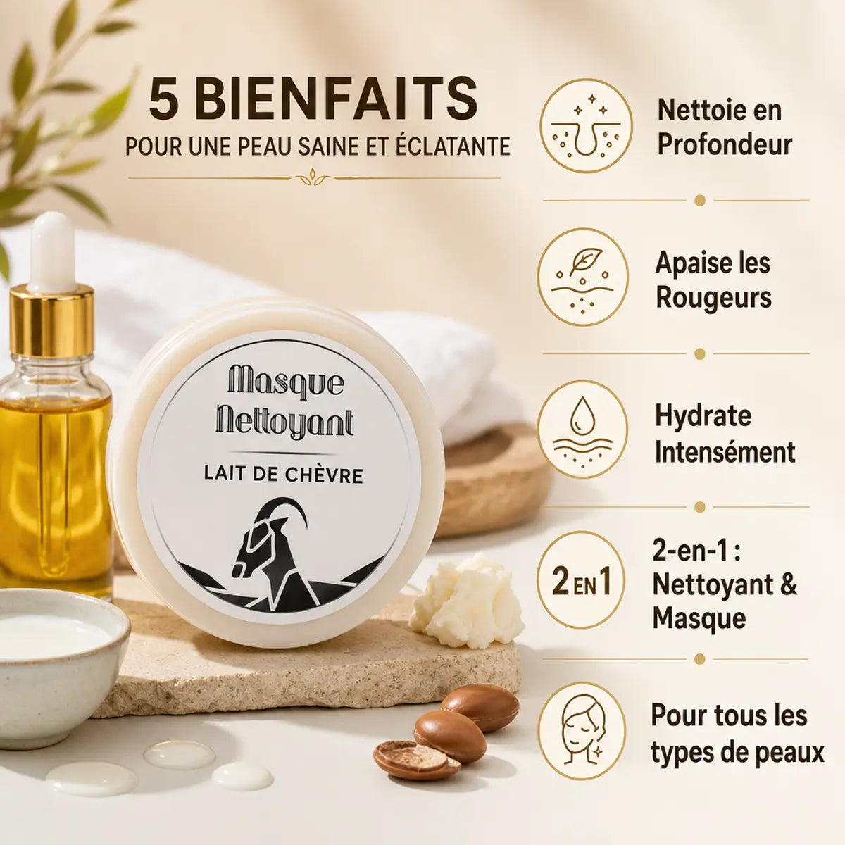 Masque nettoyant lait de chèvre et huile d'argan - infographie des 5 bénéfices