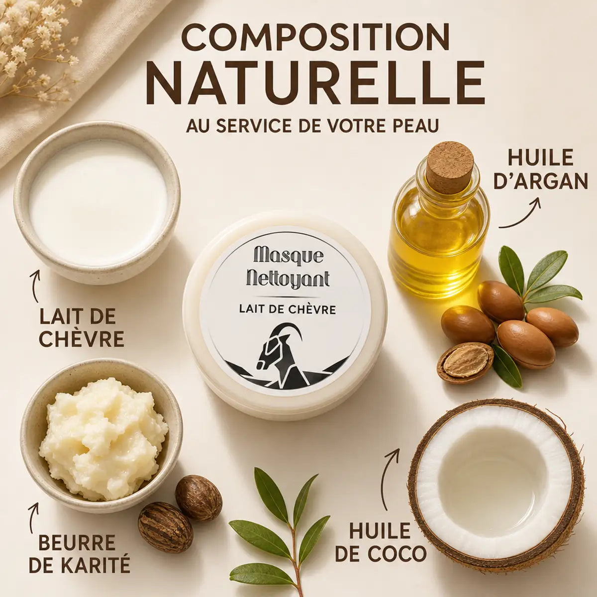Masque nettoyant lait de chèvre et huile d'argan avec ingrédients naturels affichés