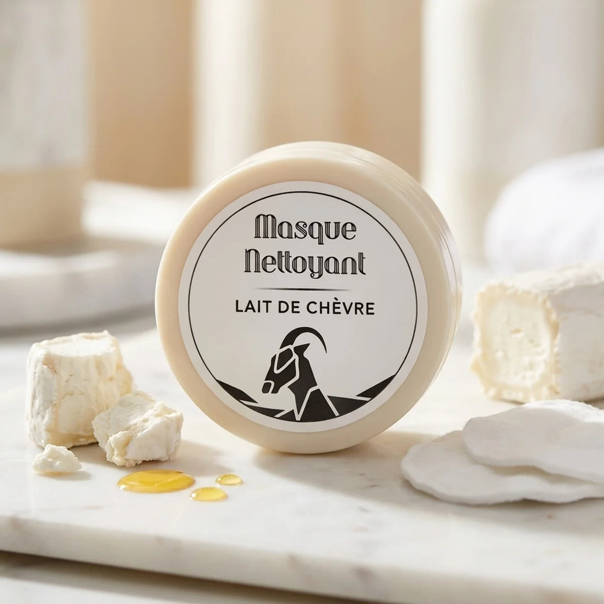 Masque nettoyant visage lait de chèvre et huile d'argan en pot crème sur marbre avec ingrédients naturels