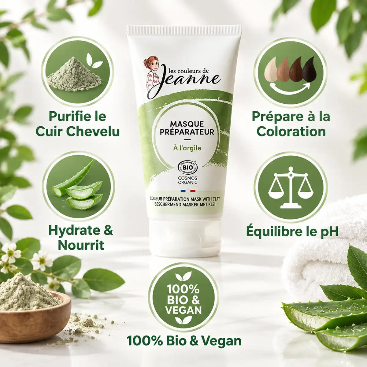 Masque Argile Bio Les Couleurs de Jeanne 150ml avec bénéfices : purifie, prépare coloration, hydrate, équilibre pH, vegan