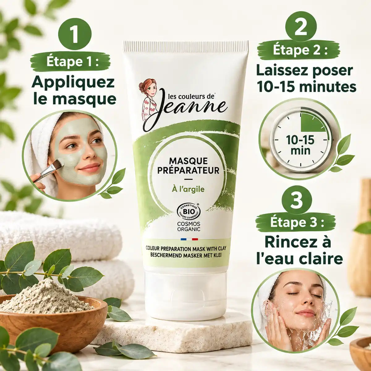 Masque argile bio 150ml Les Couleurs de Jeanne - guide application 3 étapes avec infographie spa