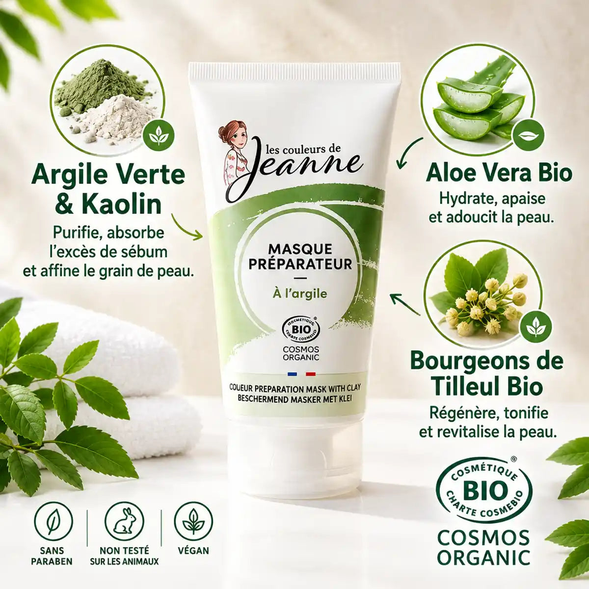 Masque Préparateur Argile Bio 150ml avec ingrédients actifs: argile verte, aloe vera et tilleul