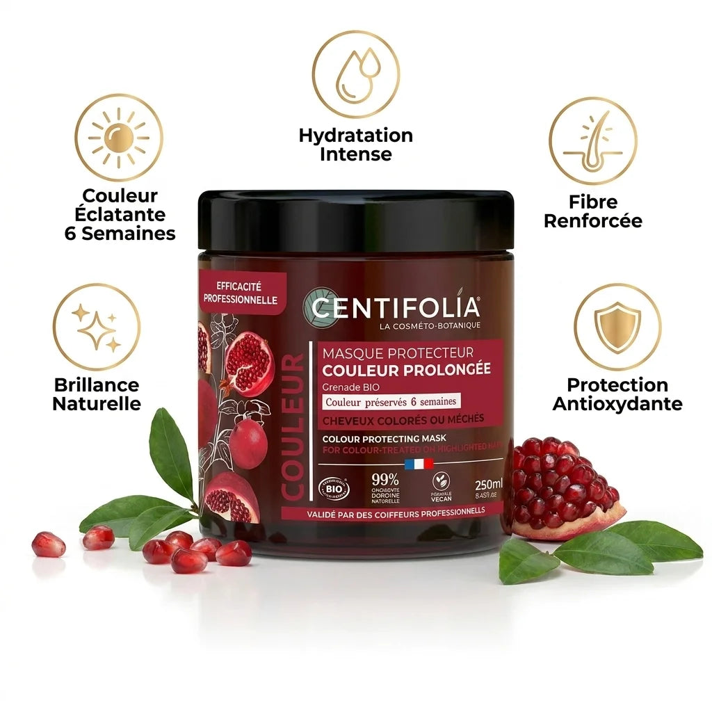 Masque Protecteur Couleur Bio Centifolia 250ml avec bénéfices infographie hydratation brillance