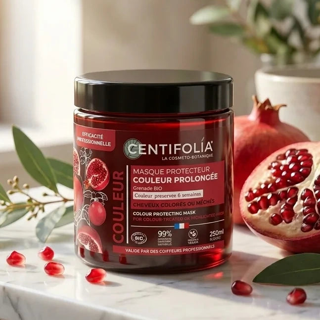 Masque Protecteur Couleur Bio Centifolia 250ml sur vanité marbre avec grenades et éléments botaniques
