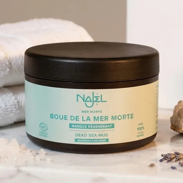 Masque régénérant Boue Mer Morte Najel 300g dans un décor spa luxe