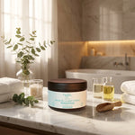 Masque régénérant Boue Mer Morte Najel 300g en ambiance spa luxe avec serviettes et eucalyptus
