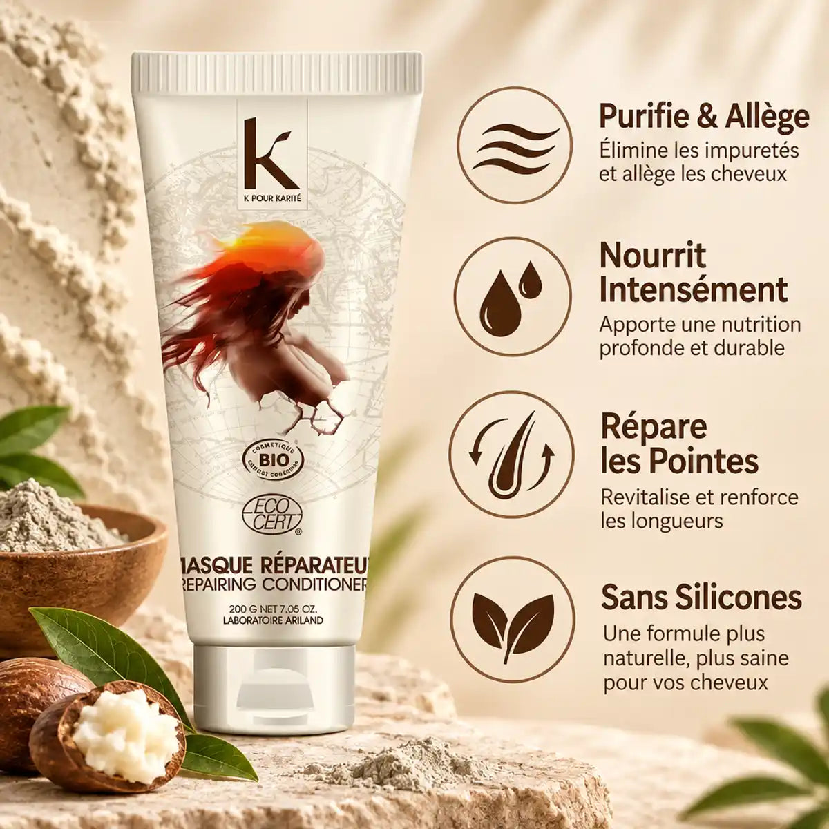 Masque Réparateur Argile Karité Bio 200g avec bénéfices purifie nourrit répare