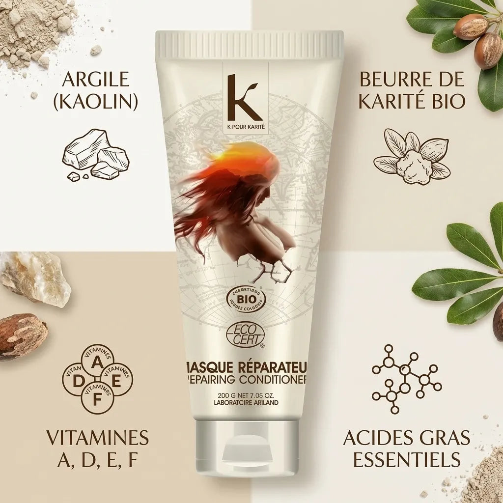 Masque réparateur argile karité bio 200g avec infographies ingrédients naturels