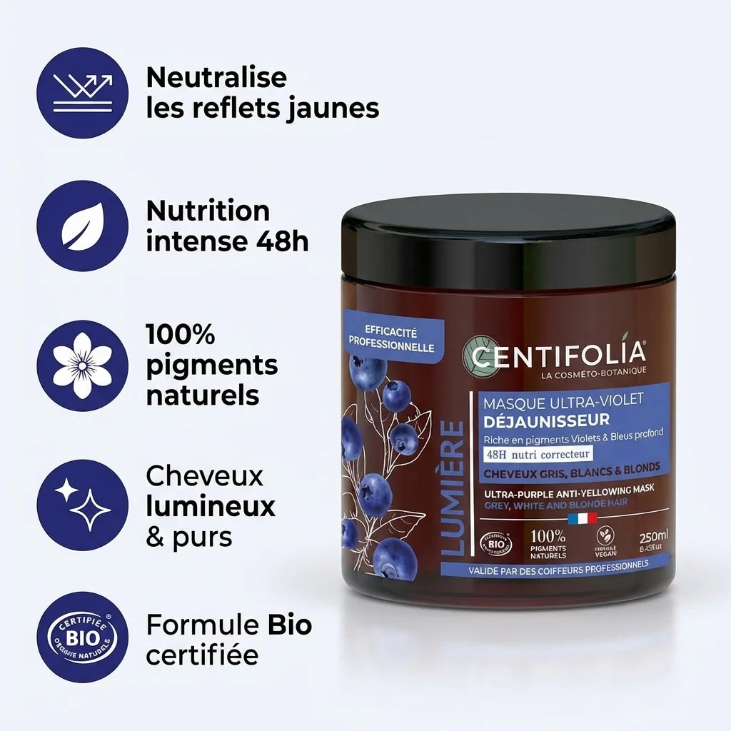 Masque déjaunisseur Centifolia 250ml avec bénéfices : neutralise reflets jaunes, nutrition intense, pigments naturels