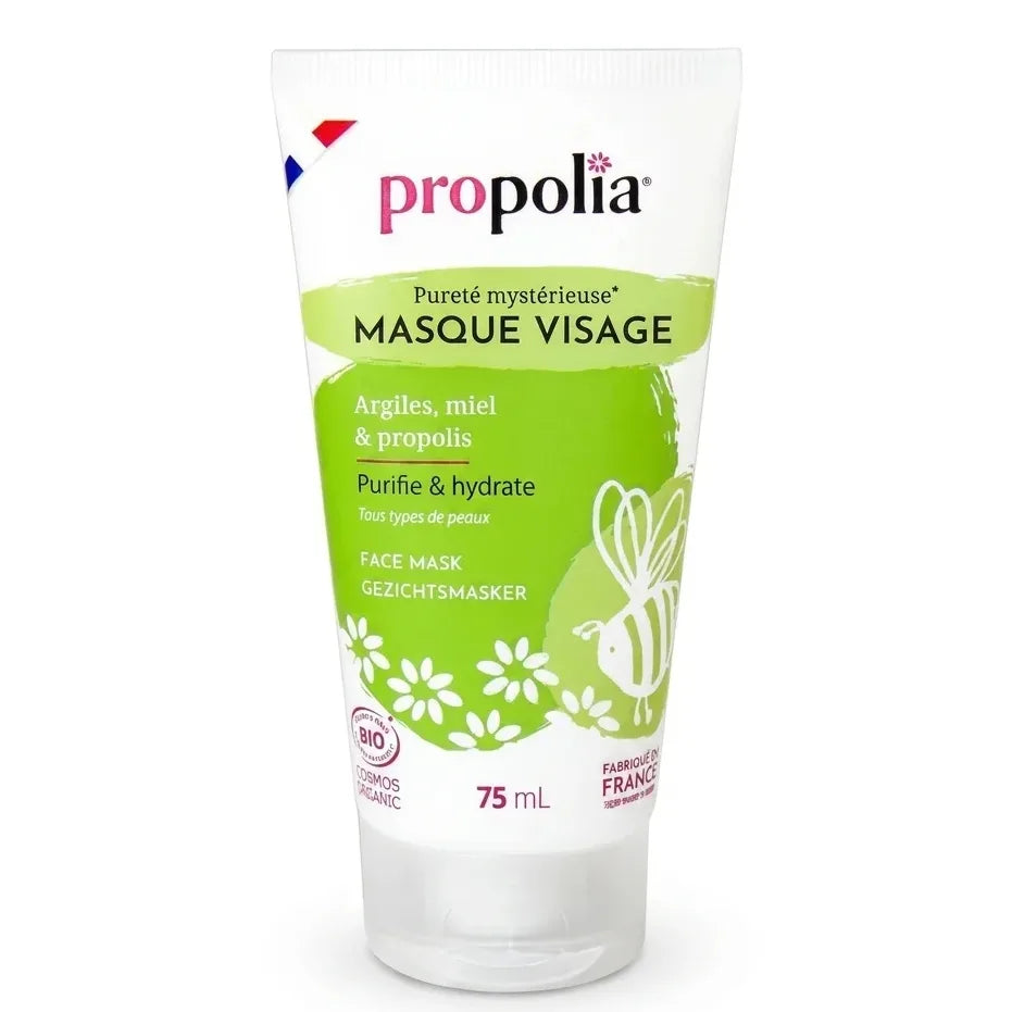 Masque visage bio Propolia 75ml à la propolis et miel, tube vert anis sur fond blanc